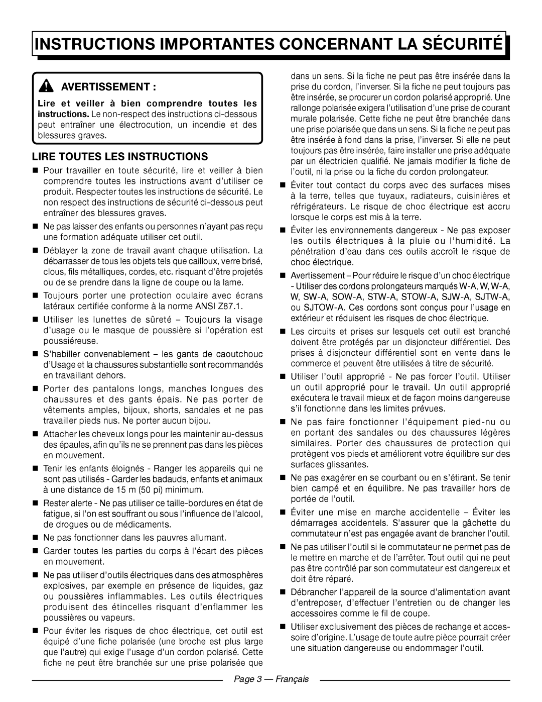 Homelite UT41120 Instructions Importantes Concernant LA Sécurité, Avertissement , Lire Toutes LES Instructions, Français 